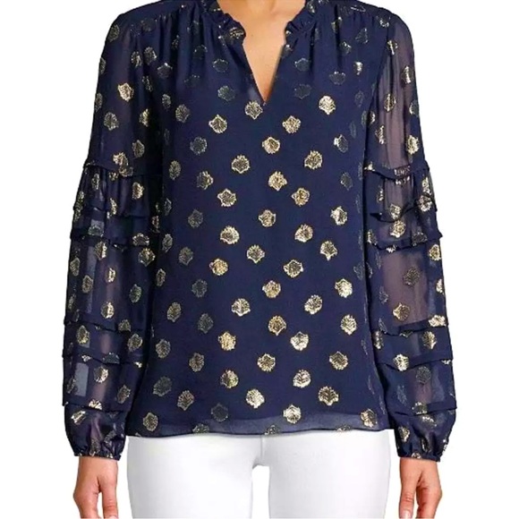 NWT LILLY PULITZER GIANA SILK TOP TRUE NAVY SEAGRASS METALLIC CLIP CHIFFON - Picture 5 of 8